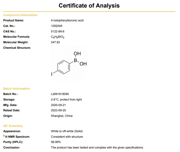 4-Iodophenylboronic acid CAS 5122-99-6 COA | Shaanxi BLOOM Tech Co., Ltd 4-Iodophenylboronic acid CAS 5122-99-6 COA | Shaanxi BLOOM Tech Co., Ltd